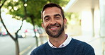 Business man, face and smile in city for commute, travel and outdoor with confidence in road. Professional person, happy and pride in portrait on urban sidewalk for career, job and excited in Italy