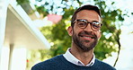 Business man, face and happy in city for commute, travel and outdoor with confidence in street. Professional person, smile and pride in portrait on urban sidewalk for career, job and road in Italy