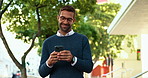 Business man, phone and happy in street, texting and click on mobile app, contact or update for deal in city. Person, smartphone and outdoor with scroll, smile and email on urban sidewalk in Italy