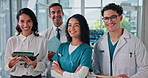People, hospital faces and team in healthcare, solidarity and group of doctors for collaboration. Portrait, diversity and happy staff in clinic for medical support, medicine and about us for service