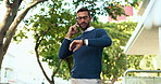 Business man, phone call and watch in street with discussion, schedule or contact for meeting in city. Professional person, smartphone and check time with conversation, listen and outdoor in France