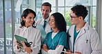 Healthcare, smile and people with tablet, teamwork or administrator with app for staff performance. Happy, collaboration and showing schedule to nurse, colleagues and medical professional in hospital