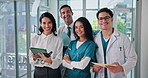 Hospital, team and face of doctors with staff on tablet for medical support, insurance and partnership. Healthcare, clinic and portrait of men and women with tech for service, wellness and consulting