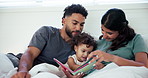 Home, parents and baby with book, love and bonding together with smile, relax and hobby. Family, mother and father with happiness, learning and growth with child development, care and literature