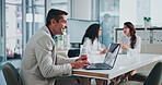 Business man, laptop and typing in boardroom, happy and excited for proposal, deal and notification. Person, computer and smile with review, feedback and research for project at insurance company