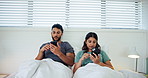 Home, bedroom and couple with smartphone, typing and internet for social media, network or app. Apartment, man or woman with blanket, cellphone or mobile user with subscription service or screen time