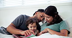 House, parents and baby with book, relax and bonding together with smile, care and hobby. Family, mother and father with happiness, learning and growth with child development, love and literature