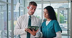 Tablet, hospital and nurse with man for discussion for administration, advice and meeting. Healthcare, team and medicine sales rep with woman on tech for research, online diagnosis or medical service