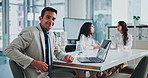 Face, finance and business man on laptop with experience at hedge fund for profit growth in office. Portrait, smile and corporate, confident professional and investment manager coworking in meeting