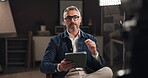 Tablet, broadcast and live streaming with man in studio for social media, content creation and vlogger. Subscription channel, virtual interview and viral with person and recording for audience
