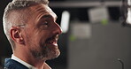 Studio, man and conversation in talk show, interview and advice in live stream, broadcast and chat. Entertainment, mature person and business advice on vlog, social media and communication for tips