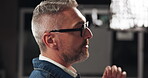 Studio, man and advice in talk show, interview or entrepreneur on live stream, broadcast or chat. Entertainment, business and mature person with glasses on vlog, social media or conversation for tips