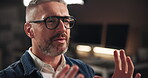 Studio, discussion and man with interview, talk show or entrepreneur on live stream, broadcast or chat. Entertainment, advice and mature person with glasses on vlog, social media or tips for business