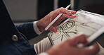 Hands, person and tablet screen with drawing for art, vehicle sketch and editing design with skills. Graphic designer, digital and creative with car illustration, motor structure and project process