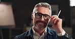 Face, man and artist with glasses of confidence as graphic designer, creative career and about us. Mature person, pride and eyewear with pen for drawing art, sketch design and proposal of opportunity