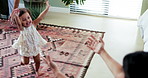 Home, first steps and parents with baby, walking and bonding together with smile. Apartment, mother and father with toddler, kid or child development with growth, embrace and learning with family