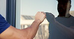 Courier, home and hands knock on door for shipping, delivery service or online shopping distribution. Respect, man and visit house for package arrival, alert homeowner or supply chain with reflection