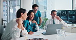 Laptop, laughing and people planning for healthcare treatment, mentor and surgery internship. Medical interns, discussion and online for digital medical records, advice and website for orthopedics