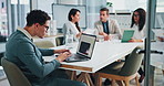 Laptop, business man and research in meeting for corporate venture, investment admin and workshop. Planning, solution and report with people in office for revenue profit, discussion and team