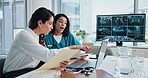 Laptop, paper and people meeting for healthcare treatment, mentor and surgery internship. Medical intern, discussion and online for digital report on email, advice and website for orthopedics plan