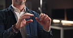 Hands, influencer and live streaming with man in studio for social media, content creation or vlog. Subscription channel, virtual interview or viral with closeup of person and tutorial for filming