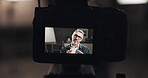 Camera, broadcast and live streaming with man in studio for social media, content creation and vlogger. Subscription channel, virtual interview and viral with person and recording for filming