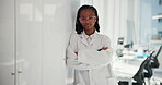 Science, face and woman with arms crossed in laboratory for pharmaceutical trial, medical research and confidence. Healthcare, black person and portrait for vaccine development, innovation and pride