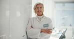 Face, glasses and woman with arms crossed, healthcare and medical professional with smile for vision. Clinic, optometrist and mature person with prescription eyewear, sight and confident for eye care