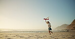 Child, running and airplane toy on beach with flying game, imagination travel and summer vacation. Girl, kid and energy with plane for playful flight, freedom fun and tropical holiday of getaway trip