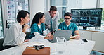 Laptop, team and people planning for healthcare treatment, mentors and surgery internship. Medical interns, discussion and online for digital medical records, advice and website for orthopedics