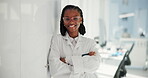Science, face and arms crossed with black woman in laboratory for clinical trial, healthcare and smile. Vaccine test program, medical research and pharmacy with person in hospital for innovation