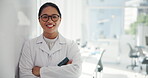 Medical, face and arms crossed with woman in laboratory for clinical trial, science and smile. Vaccine test program, healthcare research and pharmacy with person in hospital for innovation and expert