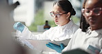 Women, documents and group in laboratory, talk and advice for progress, drugs and notes at pharmaceutical company. People, science and feedback with study, medical research and vaccine development