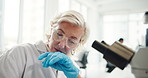 Mature woman, microscope and notes at lab, science and review with medical breakthrough. Person, tools and lens with zoom, bacteria and problem solving for virus, pharmaceutical or bird flu vaccine