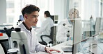 Science, lab and research with man, computer and microscope data analysis for report. Biotechnology, scientist and medical journal study with feedback and professional with healthcare article