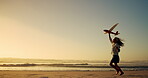Kid, running and airplane toy on beach with flying game, imagination travel and summer vacation. Girl, child and energy with plane for playful flight, freedom fun and tropical holiday of getaway trip