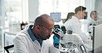 Microscope, scientist and man with medical research in lab for healthcare innovation, experiment or chemistry. Microbiology, biotechnology and science test for study, analysis and pharma development