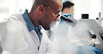 Science, lab and man with microscope for research, medical study and discovery in medicine. Healthcare, pharmaceutical and scientist with equipment for vaccine development, microbiology or experiment