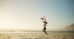 Child, running and airplane toy on ocean with flying game, imagination travel and summer vacation. Girl, kid and energy with plane for playful flight, freedom fun and tropical holiday of getaway trip