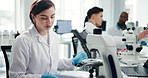 Document, scientist and woman with medical research in lab for healthcare innovation, study or chemistry. Paper, development and science test for experiment results, pharma notes and reading binder