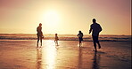 Parents, kids and run with sunset on beach of race game, energy and bonding of summer vacation. Family, children and playful with ocean activity, tropical holiday and travel adventure of getaway trip