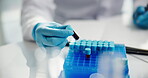 Blood, research and hands of scientist in laboratory with sample for science, medical study or investigation. Healthcare, pharmaceutical and person with dna test vial, rna analysis and writing notes