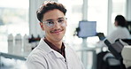 Face, scientist and happy man in lab for research innovation, pharma experiment and chemistry. Microscope, portrait and science professional, medical healthcare and microbiology expert with glasses