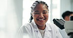 Science, lab and face of black woman with microscope for research, medical study and discovery. Healthcare, medicine and portrait of scientist with equipment for vaccine, microbiology and experiment