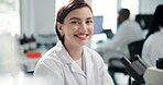 Happy, woman or face with microscope in laboratory for vaccine development, medical research or investigation. Scientist intern, person or smile for microbiology, DNA testing or healthcare experiment