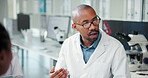 Doctor, research and scientist in laboratory with explanation for science, medical study or investigation. Healthcare, pharmaceutical study and people with dna test, rna analysis and communication