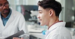 Team, research and scientist in laboratory with discussion for science, medical study or investigation. Healthcare, pharmaceutical process and people with dna test, rna analysis and communication