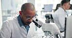 Science, lab and man with notes and microscope for research, medical study and discovery. Healthcare, pharmaceutical and scientist with equipment for vaccine, microbiology and experiment for medicine