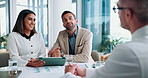 Meeting, proposal and tablet with business people in boardroom together for planning or research. Documents, finance or management with man and woman employee in accounting office for teamwork