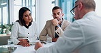 People, talking and documents for interview in office, recruitment process and financial vacancy. Staff, candidate and explain with finance paperwork, human resources and feedback of job opportunity